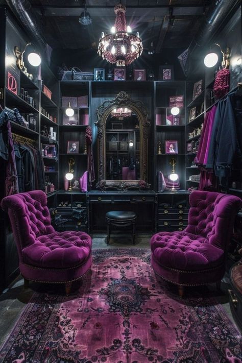 Dark Academia Closet Room, Gothic Dressing Room, Victorian Room Ideas, Fae Castle, Goth Glam Decor, Gothic Items, Violet Room, Purple Home Decor, Academia Decor