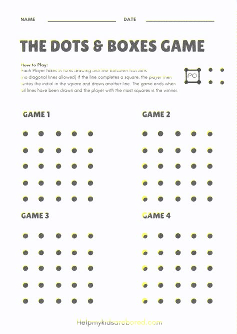 The Line Game with Dots Free Printable Activity Sheet - Help My Kids Are Bored Dot Game Printable, Dots Game Printable, Dots And Boxes Game Free Printable, Games On Paper, Printable Activity Sheets, Dots And Boxes, Pen And Paper Games, Dots Game, Line Game