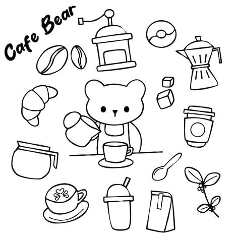 Coloring page of coffee bear | Premium Vector #Freepik #vector #background #logo #food #coffee Cafe Cartoon, Coffee Sketch, Coffee Bear, Coffee Doodle, Coffee Shop Business, Coffee Illustration, Illustration Art Drawing, Logo Food, Easy Drawing