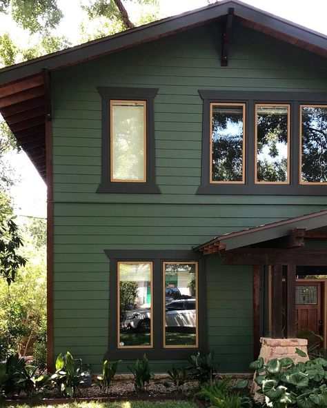 Black Forest Green House Exterior, Two Tone Green Exterior House Colors, Home Color Ideas Outdoor, Brown House With Green Trim, Green Color House Ideas, Craftsman Green Exterior, Cedar Paint Color Exterior, Green House Dark Trim, Exterior Colors For Small Houses