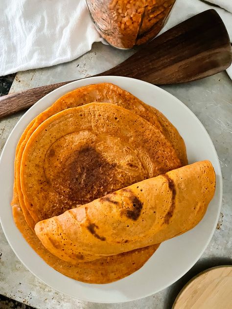 Lentil Dosa Recipe, Red Lentil Dosa Recipe, Red Lentil Wraps, Red Lentil Pancakes, Lentil Bread, Vegan Lentil Recipes, Yeast Free Recipes, Red Lentil Recipes, Tortilla Wrap