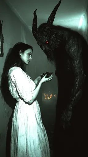 ↑↑↑ Larger size on website 🔸 The image depicts a young woman dressed in a white dress standing in a dimly lit room, facing a tall Innocent Woman, Female Ghost, Demon Woman, Monster Lover, Trash Gang, Dark Tide, A Dark Room, Scary Halloween Costume, Tattoed Women