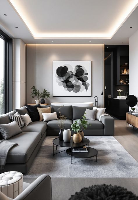 Grey Couch Living Room Stylish House Interior Design, Grey Interior Ideas, Gray Modern Interior Design, Living Room Ideas Gray Sofa, Modern Grey Home Decor, Minimalist Living Room Neutral, Gray Salon Decor, Modern Living Room With Gray Couch, Tv Room Grey Couch