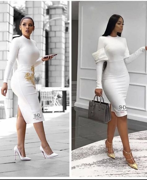 Best Lady Dresses Wedding In Nigeria, White Church Outfit, Court Marriage Outfit, Pencil Gown, White Dress Classy, Dope Fashion Outfits, Classy White Dress, Classy Outfit Ideas, Elegant Casual Dress