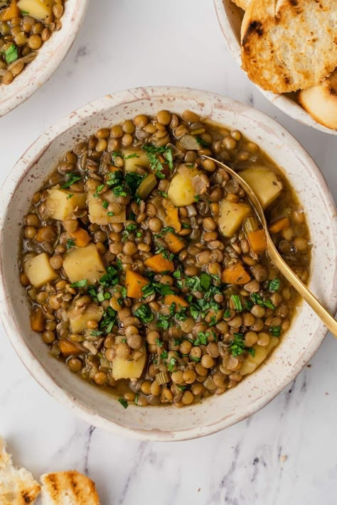 French Green Lentils Recipes, Green Lentils And Rice, Green Lentils Recipe, Green Lentil Soup Recipe, Vegan Pot Pie Soup, Potato Lentil Soup, Green Lentil Recipes, Lentil Potato, Green Lentil Soup