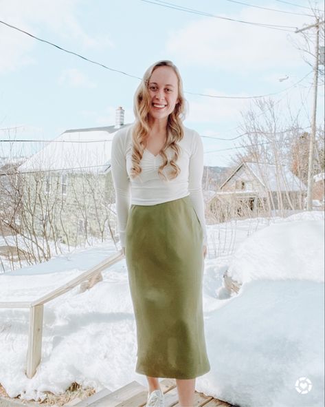 Spring outfit with olive slip skirt and white top with white sneakers Green Slip Skirt Outfit, Green Slip Skirt, Skirt And White Top, Slip Skirt Outfit, Skirt Outfit Ideas, Flower Skirt, Cute Spring Outfits, Slip Skirt, Cute Spring