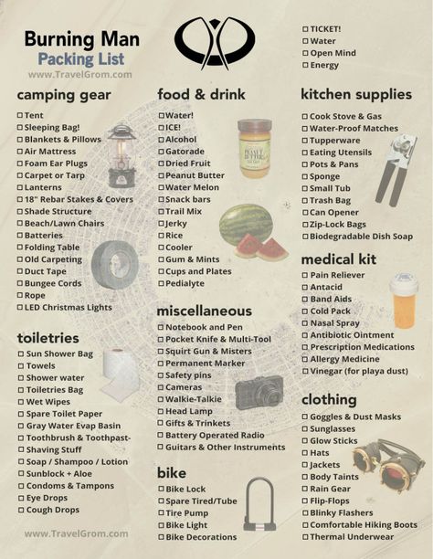 Music festivals in general: printable camping checklist for Burning Man Festival Camping List, Music Festival Camping List, Festival Checklist, Music Festival Camping, Burning Man 2015, Camping Hacks Food, Camping Snacks, Burning Men, Camping List