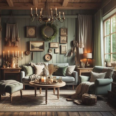 15 Cozy Rustic Sage Green Living Room Ideas Green Cottage Living Room Ideas, Country Living Room Wall Colors, Moody English Cottage Living Room, Forest Green Living Room Walls, Dark Sage Green Room, Green Farmhouse Living Room, Rustic Green Living Room, Green Aesthetic Living Room, Warm Rustic Living Room