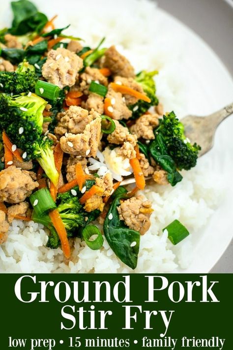 Ground Pork Stir Fry is a low prep, 15 minute dinner that the whole family will love Recipes For Dinner Asian, Beef Asian Recipes, Fried Rice Stir Fry, Asian Recipes With Chicken, Ground Beef Asian, Ground Pork Stir Fry, Recipes With Noodles, Dinners With Ground Beef, Meals With Ground Beef