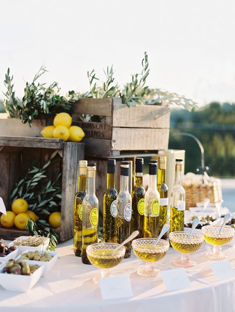 Olive Oil Tasting, Olive Bar, Tuscan Inspired Wedding, Summer Wedding Ideas, Cocktail Names, Oil Bar, Tuscan Inspired, Bridal Tea, Party Menu