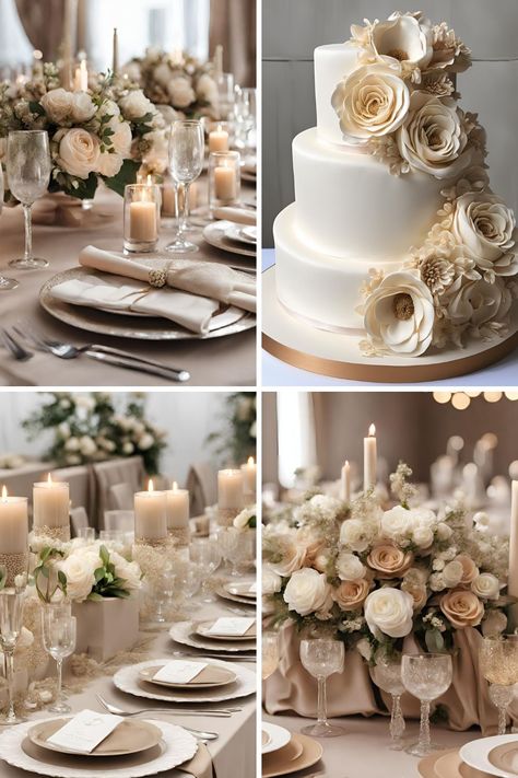 Beige and Champagne Wedding Color Ideas: Beautiful Beige, Champagne, and Off-White Ideas - Francisca's Bridal White Gold And Beige Wedding, Cream And Ivory Wedding Color Schemes, Neutral And Greenery Wedding Decor, Fall Wedding Champagne Color, Champagne Wedding Theme Ceremony Decor, Cream And Gold Wedding Theme, Wedding With Champagne Colors, Prettiest Wedding Colors, Wedding Colors With Champagne