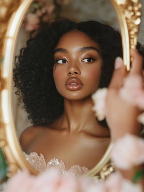 Golden Hour Black Women, Dainty Makeup, Ethereal Black Women, Princess Makeup Looks, 1950s Hollywood, Romantic Makeup, Glamour Hair, Black Princess, Ethereal Aesthetic