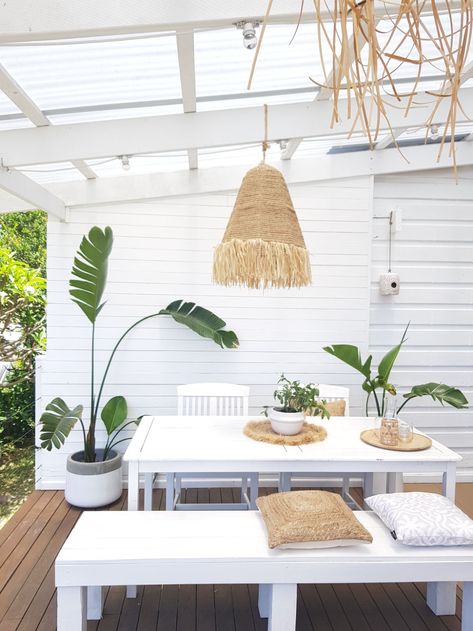 The couple transforming their old family holiday shack in Newcastle into a stylish coastal home Coastal Patio Ideas, Coastal Landscaping Ideas, Coastal Backyard, Coastal Home Exterior, Coastal Exterior, Coastal Landscaping, Coastal Patio, Modern Coastal Home, Beach House Exterior