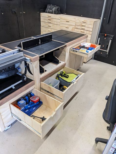 Tons of storage with integrated tools and dust collection Workshop Cabinets, Mitre Saw Station, Tomball Texas, Table Saw Jigs, Mobile Workbench, Tool Stand, Download Sign, French Cleat, Miter Saw