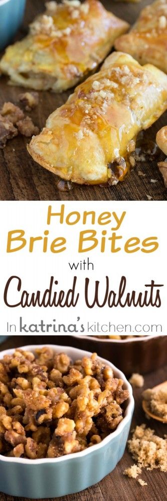 Honey Brie Bites Recipe with Brown Sugar Candied Walnuts - easy and delicious recipe! Mini Brie Honey Bites, Honey Brie Bites, Brie Ideas, Appetizers Brie, Honey Brie, Brown Sugar Recipes, Brie Bites, Honey Walnut, Baklava