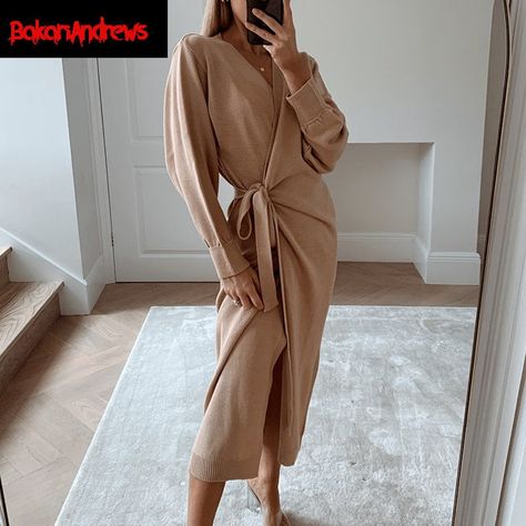 Wrap Sweater Dress, Batwing Sweater, Long Knit Sweater, Knit Wrap Dress, Long Knit Cardigan, Cotton Blends Dress, Women Long Sleeve Dress, Long Knit, Khaki Dress