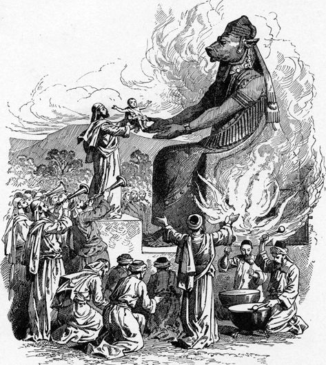 Moloch, also known as Baal (The Lord),was a god of Canaanite origin.1 Moloch may have been referred to my his followers as "Melech," meaning "King." His name in the Hebrew bible (Moloch) may be a combination of the word melech with the word "boshet" ("shame").2 Moloch was considered the symbol of purifying fire, which in turn symbolizes the soul.He is associated with child sacrifice, and the concept of children being "consumed" by fire has lead to Moloch being syncretized with the Greek god Cron Babylon The Great, Aleister Crowley, David And Goliath, Bible History, Hebrew Bible, Childrens Bible, Bible Pictures, Mesopotamia, Old Testament