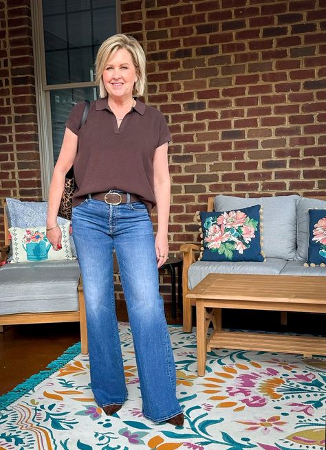 Tania Stephens is styling wide leg jeans and a brown sweater from Tuckernuck Ladies Wide Leg Jeans Outfits, Mother Wide Leg Jeans, Casual Winter Dresses For Women Over 50, Fashion At 50 Style Inspiration, Mom Fashion Over 40, What To Wear With Wide Leg Jeans, Jeans For Women Over 50, Tania Stephens, Designer Inspired Handbags