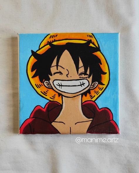 Small painting of Luffy from One Piece. He is smiling and he is in the shade. Dragon Ball Z Canvas Painting Easy, Luffy Painting, One Piece All Characters, Paint And Drink, Simple Canvas Paintings, Painting Easy, Cartoon Painting, Van Gogh Art, One Piece Drawing