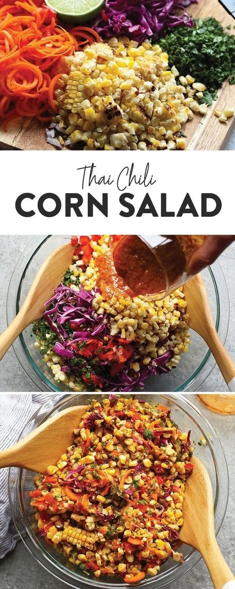 This Thai Chili Corn Salad is the perfect side dish for any time of year! It is a healthy side dish that is packed with flavor. You can prep your corn on the grill or on the stove and add it to the rest of the veggie-packed salad. You just can't beat the Thai chili kick and all the veggies. Make a big bowl for dinner this week. Thai Side Dishes, Dragon Noodles, Packed Salad, Spicy Fried Chicken, Side Dishes For Chicken, Thai Chili, Healthy Side Dish, Summer Corn Salad, Summer Corn