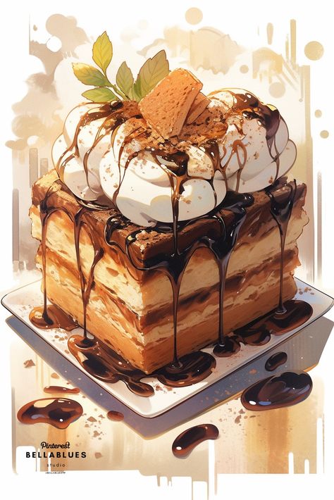 Tiramisu Painting, Tea Party Illustration Drawings, Cute Tiramisu, Digital Art Inspiration, Desserts Drawing, Tiramisu Dessert, Food Artwork, Kawaii Cooking, Food Clipart