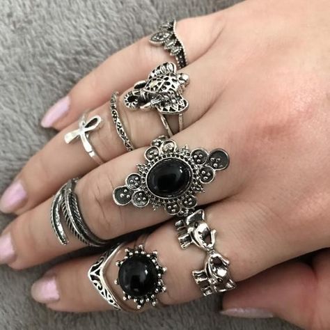 Boho Ring Set, Grunge Jewelry, Gothic Ring, Edgy Jewelry, Ring Sets Boho, Indie Jewelry, Bohemian Ring, Jewelry Tattoo, Gothic Rings