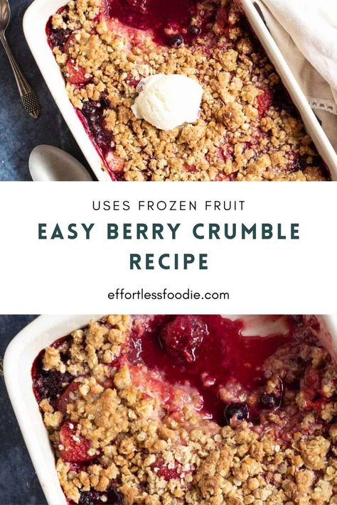 An easy berry crumble recipe made with a bag of frozen mixed berries and topped with a sweet and buttery oat crumble! A delicious family dessert made in just 10 minutes. There's also no rubbing-in required for this easy frozen berry crumble. Instead, melted butter is poured over the flour, oats, and sugar to create a beautifully golden crumbly topping for the berries! That's what makes it so quick to prepare! Get the recipe for this easy mixed berry crumble now on Effortless Foodie. Frozen Berry Crumble, Easy Berry Crumble, Mixed Berry Crumble, Quick Oat Recipes, Fruit Crumble Recipe, Berry Crumble Recipe, Family Dessert Recipes, Easy Puddings, Family Desserts