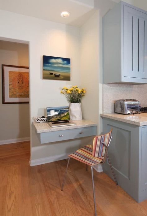 8 Ways to Work a Desk into the Kitchen: gallery image 4 Kitchen Office Nook, Kitchen Desk Organization, Office Kitchens, White Transitional Kitchen, Kitchen Desk Areas, Kitchen Transitional, Kitchen Desks, Office Nook, Desk Areas