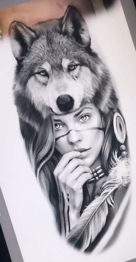 Wolf Headress Tattoos Men, Wolf And Indian Woman Tattoo, Indian Wolf Tattoos For Women, Male Lion Tattoo For Women, Woman With Wolf Headdress Tattoo, Wolf Headdress Tattoo Design, Sleeve Egyptian Tattoo, Wolf And Woman Tattoo, Wolf Woman Tattoo