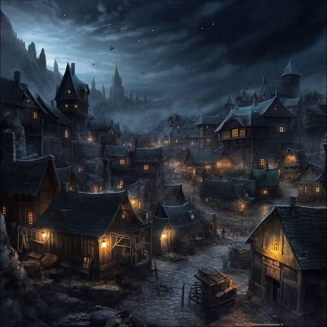 Dark Village Fantasy Art, Dark Fantasy City Art, Victorian Village Aesthetic, Werewolf Village, Vampire Village, Fantasy Setting Village, Dark Fantasy Village, Gothic Village, Dark Village