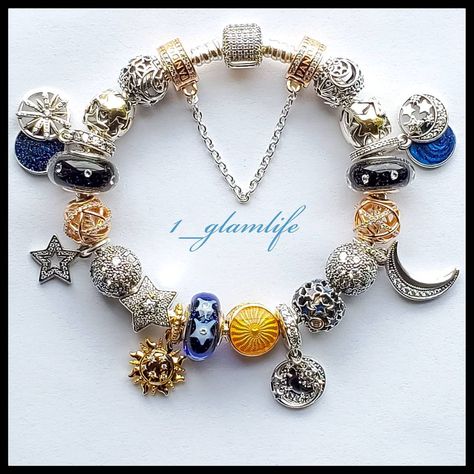 Themed Pandora Bracelet, Pandora Moon, Everything Blue, Pandora Bracelet Charms Ideas, Pandora Bracelet Designs, Cosmic Galaxy, Pandora Jewelry Charms, Sun Moon Stars, Jewelry Accessories Ideas