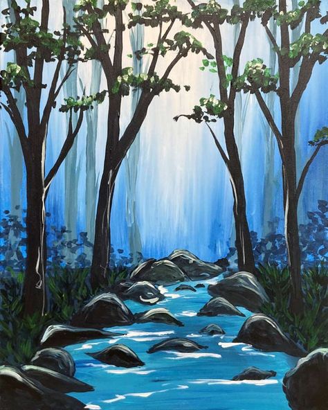 Creek Painting Easy, How To Draw River Water, River Painting Easy, Rivers Drawing, River Painting Acrylic, River Drawing, Babbling Brook, Pinots Palette, Painting Parties