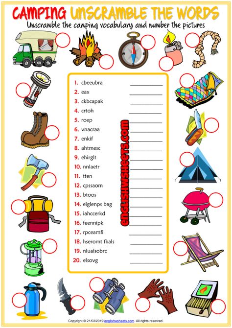 Camping Unscramble the Words ESL Worksheet For Kids Dictionary For Kids, Words Worksheet, Camp Read, Test For Kids, Camping Classroom, Camping Theme Classroom, Esl Vocabulary, Worksheet For Kids, Scout Activities