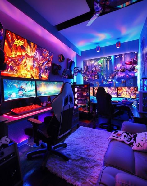 Men’s Bedroom Ideas, Games Room Inspiration, Gaming Equipment, Small Game Rooms, Gaming Rooms, Gaming Desk Setup, Best Gaming Setup, Computer Gaming Room, Gamer Setup