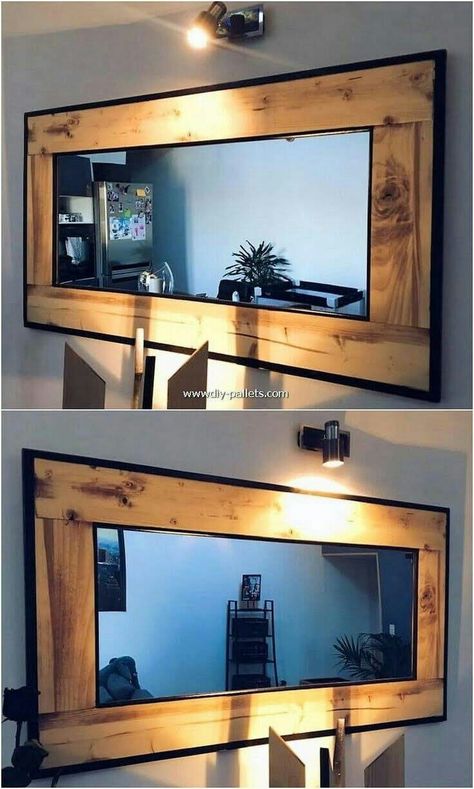 Pallet Mirror Frame, Diy Wood Mirror Frame, Pallet Mirror, Rustic Bathroom Mirrors, Hot Wheels Room, Welded Furniture, Hanging Candle, House Planning, Wooden Mirror Frame