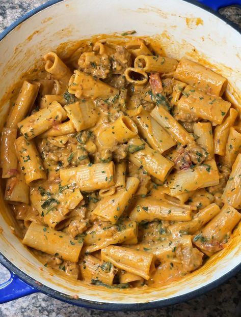 Creamy Rigatoni With Italian Sausage Creamy Tuscan Italian Sausage Pasta, Sausage Rigatoni Pasta Recipes, Italian Sausage Mac And Cheese, Rigatoni And Sausage Recipes, Ground Sweet Italian Sausage Recipes Dinners, Rigatoni Boscaiola, Mezzi Rigatoni Recipes, Cellentani Pasta Recipes, Italian Sausage Pasta Recipes