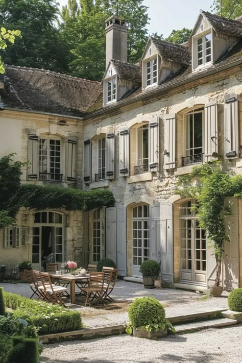 33 Stunning French Country Exteriors - Edward George Small French Cottage Exterior, French Chateau Patio, French Cottage Windows, French Country Estate Exterior, Cute Family House Exterior, French Countryside Home Exterior, Classic French Architecture, Classy House Exterior, French Country Style Homes Exterior