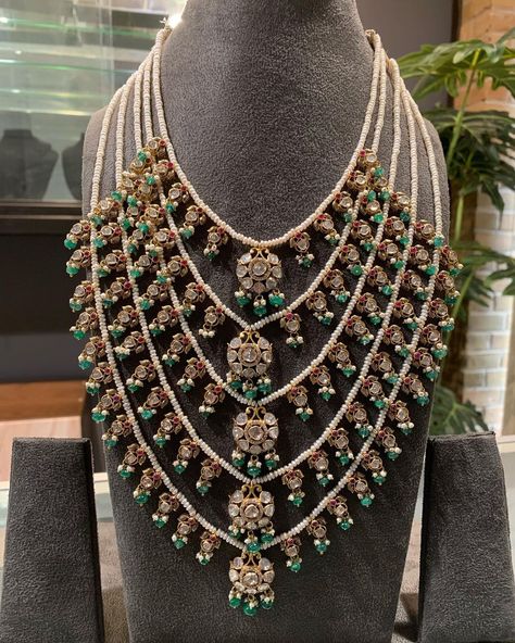 Radhika Jewelers on Instagram: “beautiful Panch lada in 18k gold studded with uncuts, Rubies, pearls and Emeralds . For full product details pls what’s app at 248-500-8070” Sathlada Jewellery, Panch Lada, Rani Haram, Hyderabadi Jewelry, Wedding Jewelry Sets Bridal Jewellery, Neck Pieces Jewelry, Beautiful Gold Necklaces, Pearl Necklace Designs, Jewelry Set Design