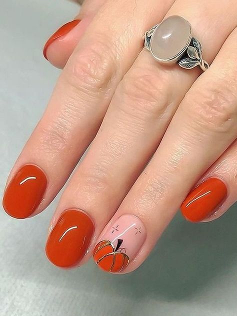 pumpkin nails: one accent Nails Halloween Short, Autumn Short Nails, Pumpkin Nail Designs, Halloween Nail Art Easy, Ombre Gel Nails, Pumpkin Nail Art, Thanksgiving Nail Designs, Confetti Nails, Simple Fall Nails