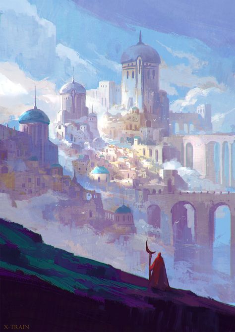 Sky City Concept Art, Sky Concept Art, Sky Building, Sky City, My Fantasy World, Castle In The Sky, Fantasy City, Fantasy Castle, Fantasy Setting