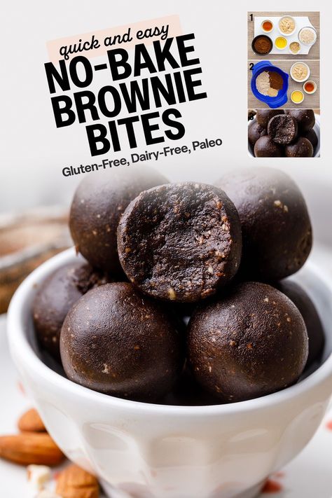 This easy no-bake brownie bite recipe has minimal ingredients, no cook time and keep incredibly well in the fridge. No Bake Cake Bites, Easy Brownie Bites, Quick Easy Brownies, No Bake Brownie Bites, Brownie Bites Recipe, Easy Brownie, Paleo Brownies, Healthier Desserts, No Cook