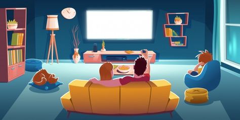 Family sitting on sofa and watch tv in l... | Free Vector #Freepik #freevector #books #family #woman #man Tv In Living Room, Stray Puppy, Ruang Tv, Lounge Interiors, Modern Living Room Interior, Futuristic Home, Female Cartoon Characters, Cozy Couch, Vector People