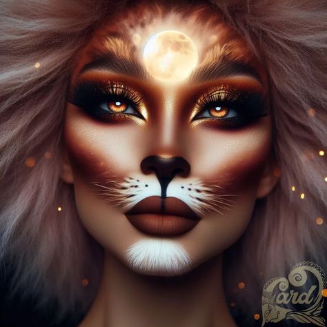 https://card9.com/ai/makeup-look-1713422419 Lioness Makeup, Lion Makeup, Wolf Makeup, Tiger Makeup, Beautiful Halloween Makeup, Lion Halloween, Cat Halloween Makeup, Fox Makeup, Halloween Shoot