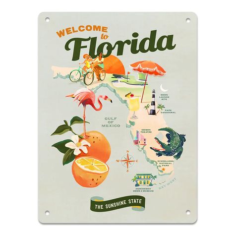 Wholesale Florida U.S Adventure Road Trip Design: Aluminum Sign for your store | Faire Welcome To Florida, Trip Design, Florida Poster, Road Trip Travel, Whiskey Ginger, Old Florida, Vintage Florida, Stationery Cards, Folded Cards