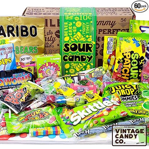 Amazon.com : VINTAGE CANDY CO. SOUR CANDY ASSORTMENT GIFT BOX - Best Candy Variety Mix Care Package - Unique & Fun Gag Gift Basket - PERFECT For Man Or Woman Who LOVES SOUR Candy : Grocery & Gourmet Food Candy Assortment, Car Gold, Sour Skittles, Apple Pop, Candy Gift Baskets, Disney Coffee Mugs, Candy Snacks, Board Books For Babies, Candy Basket