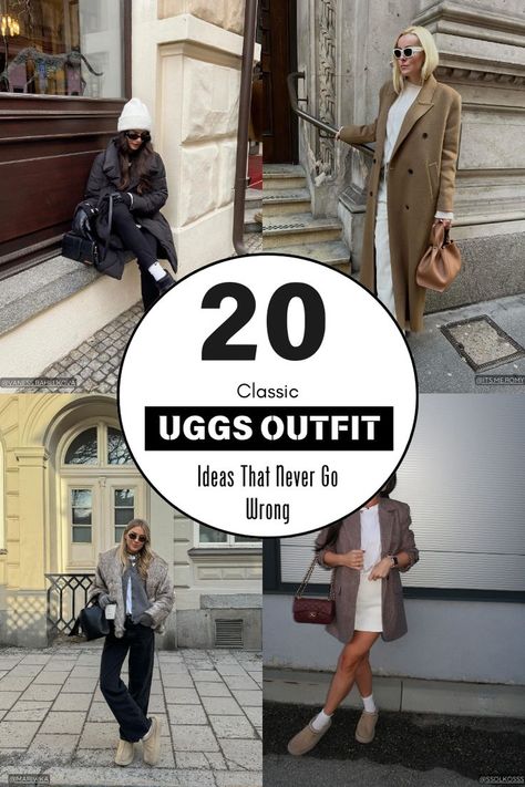 Uggs Outfit Ideas Back Uggs Outfit, Ugg Boots Outfit Work, Ugg Classic Boots Outfit, Business Casual With Uggs, What To Wear With Uggs Boots, Classic Uggs Outfit, Ugg Boots Outfit Chestnut, Winter Nyc Outfits Cold Weather, Ugg Winter Outfits