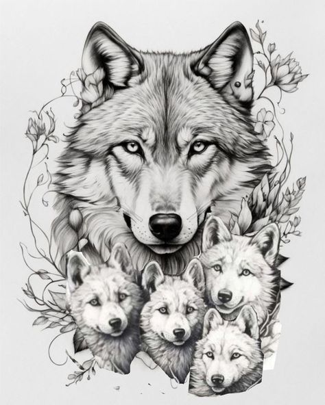 Wolf And Wolf Pup Tattoo, Momma Animal Tattoo, Wolf With Flowers Tattoo Design, Mama Wolf Tattoo, Lions Tatoos, Wolf And Pups Tattoo, Wolf Cubs Tattoo, Mama Wolf And Cubs Tattoo, Pack Of Wolves Tattoo