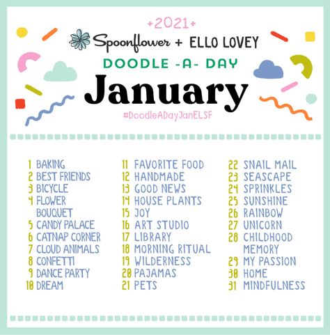 Join the Doodle-A-Day Challenge | Spoonflower Blog Daily Doodle Prompts, Sticker Prompts, Daily Doodle Challenge, Doodle Prompts, Design Prompts, Draw Challenge, Doodle Challenge, Day Art Challenge, Artist Lifestyle