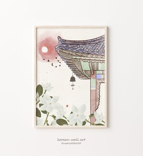 Korean wall Art, Korean art print, Korean art poster, Korean Art Wall,Korean home decor, Korean wall decor Korea Watercolor Painting, Korean Art Prints, Korean Culture Drawing, Korean Architecture Drawing, Korean Painting Ideas, Korean Illustration Aesthetic, Korean Painting Aesthetic, Korea Art Draw, Korean Art Painting