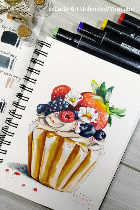 Cupcake drawing illustration with touch cool markers Touch Cool Markers, Cupcakes Art Drawing, Fruit Art Drawings, Watercolor Food Illustration, Art Markers Drawing, Copic Drawings, Markers Drawing Ideas, Food Art Painting, Cool Drawing